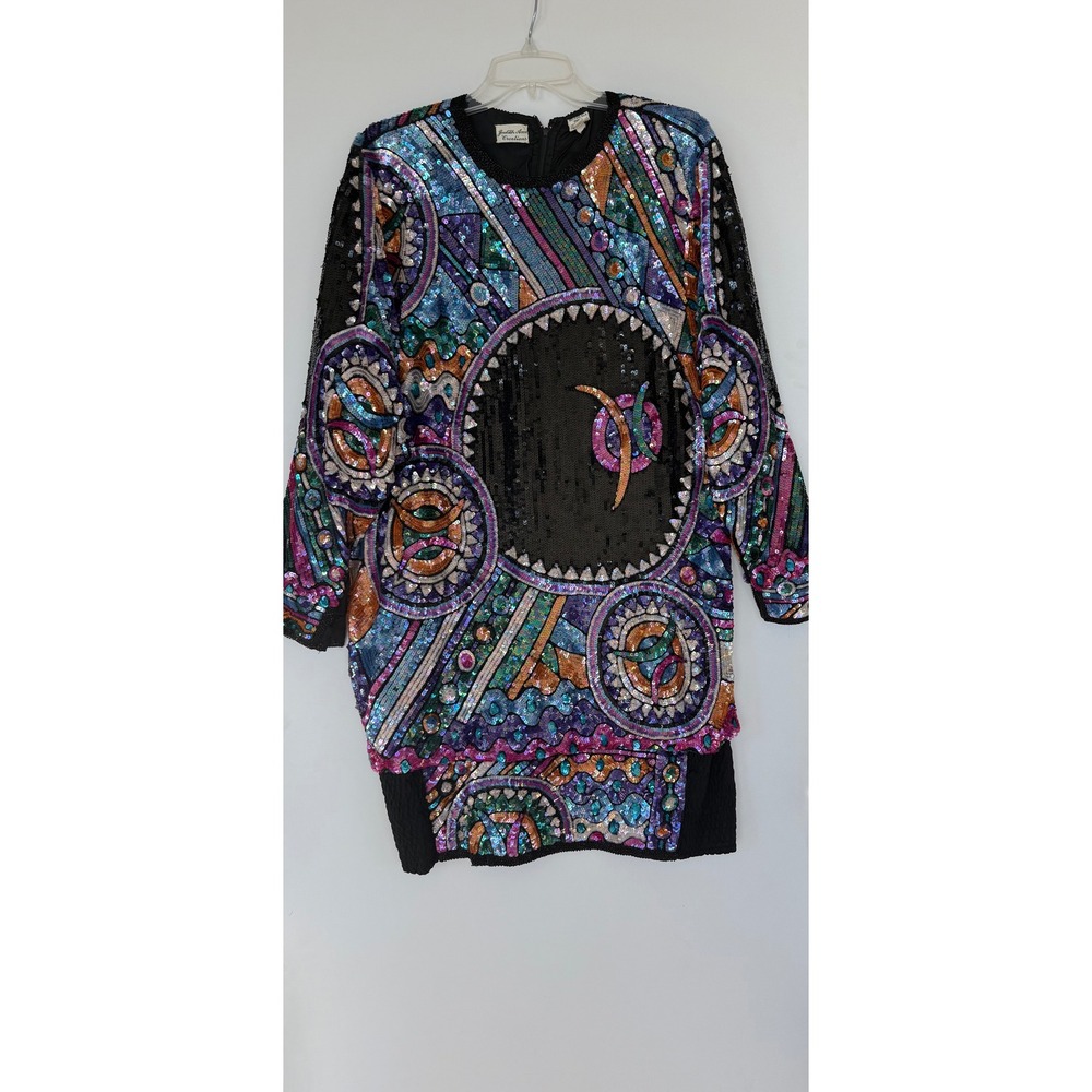 Judith Ann Creations‎ Vintage Sequin Wearable Art Deco Mini Statement Dress Silk